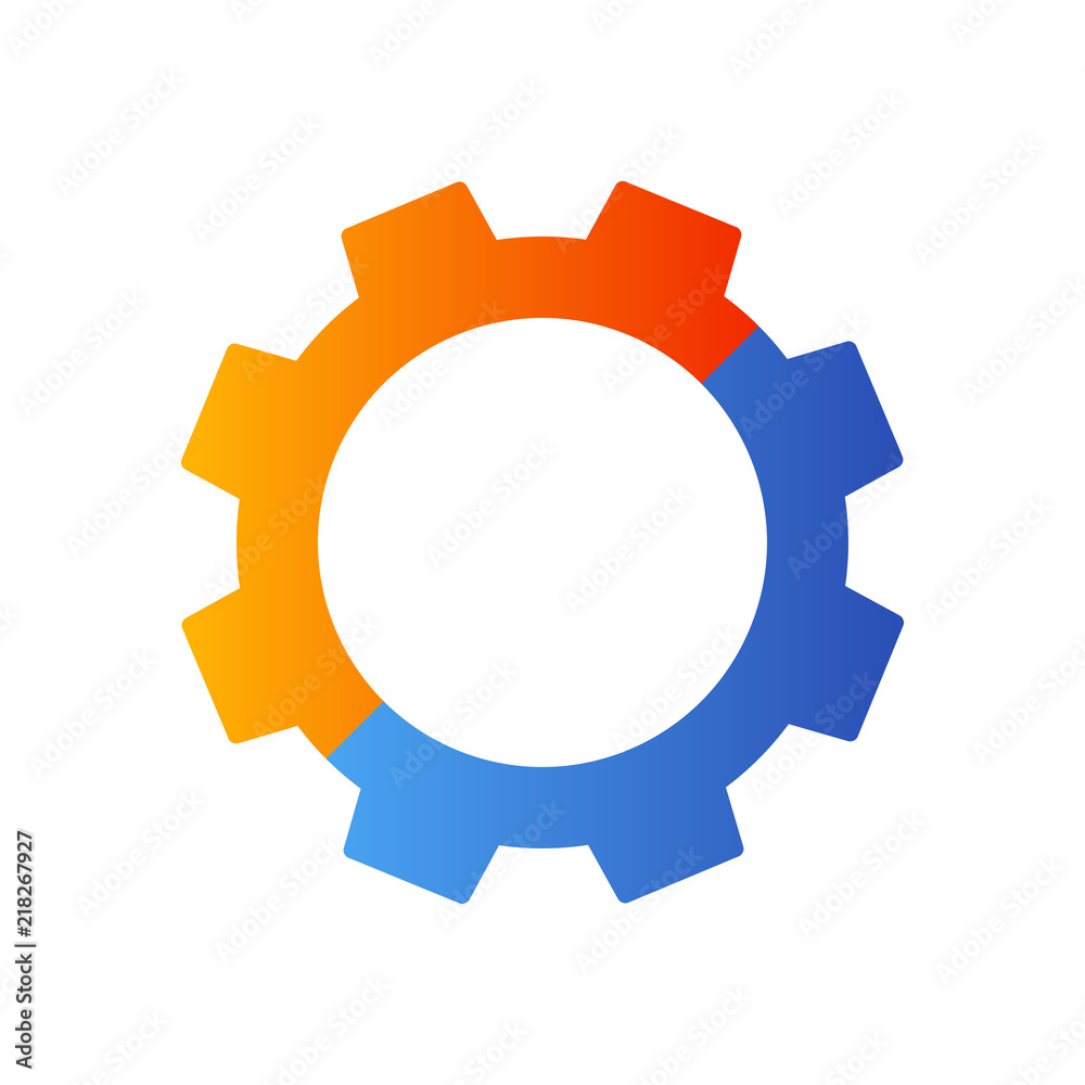 Icono plano engranaje en azul y naranja