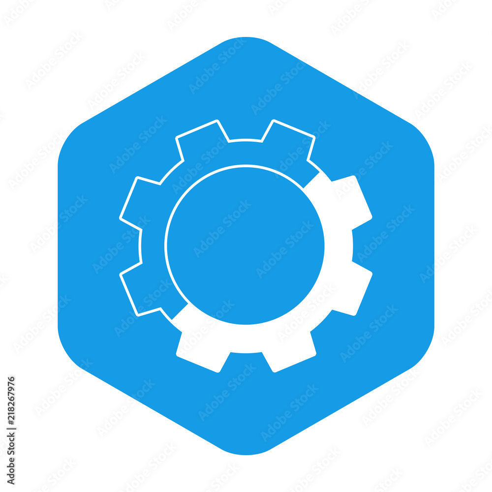Icono plano engranaje mitad lineal en hexagono azul Icono plano engranaje mitad lineal en hexagono azul