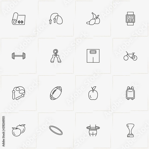 Fitness line icon set with trophy, sport watch and apple