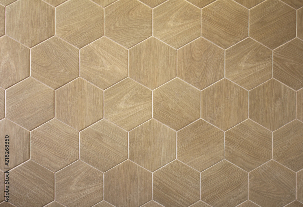 Brown floor hexagon tile with texture of a tree - obrazy, fototapety, plakaty 