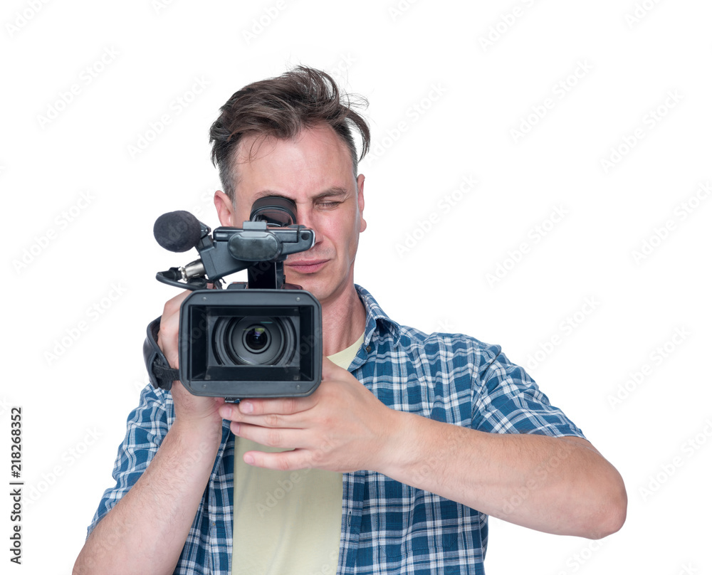 Man with professional camcorder front view, isolated on white background Man with professional camcorder front view, isolated on white background