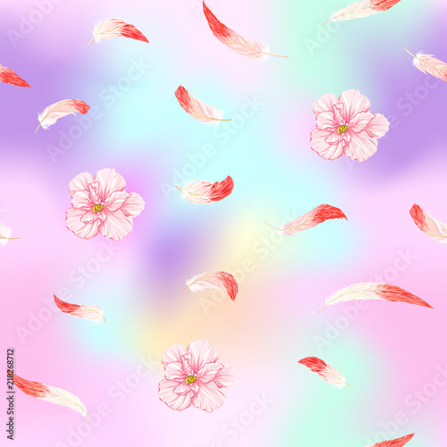 Seamless pattern, background. with pink flamingo feathers and  hibiscus on In light ultra violet pastel colors on mesh pink, blue background. Stock vector illustration.