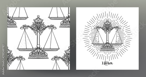 Libra, weigher. Set of Zodiac sign illustration on the sacred geometry symbol pattern and  seamless pattern with this sign. Black-and-white graphics. Stock vector illustration.