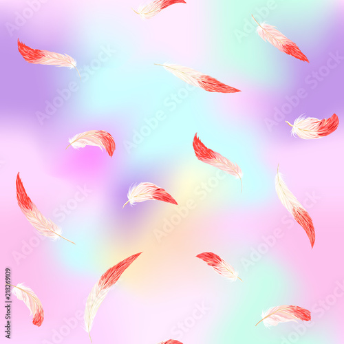 Seamless pattern, background. with pink flamingo feathers on In light ultra violet pastel colors on mesh pink, blue background. Stock vector illustration.