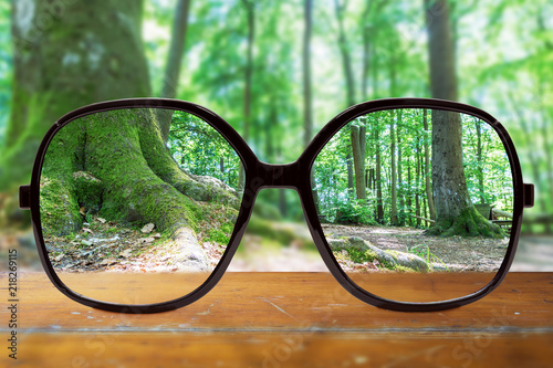 moderne Brille auf einem Holztisch vor Bäumen im Wald