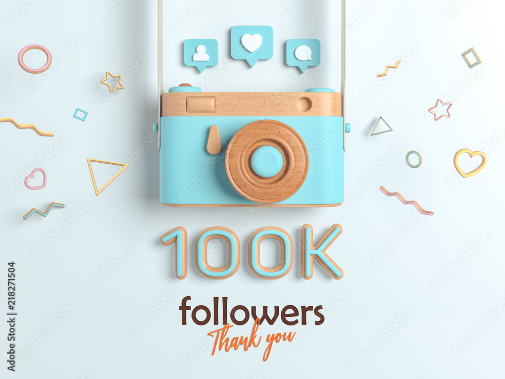 100k or 100000 followers thank you, Blue Retro Photo Camera and multicolor Figures. 3D Illustration for Social Network friends, followers, Web user Thank you celebrate of subscribers. 100k or 100000 followers thank you, Blue Retro Photo Camera and multicolor Figures. 3D Illustration for Social Network friends, followers, Web user Thank you celebrate of subscribers.