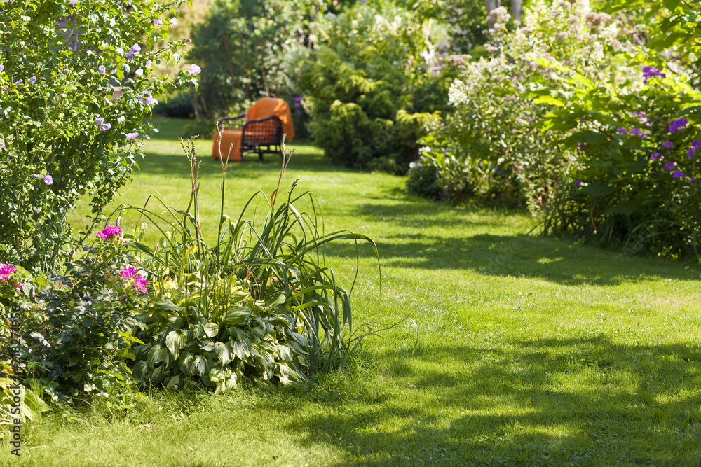 beautiful garden, full of green plants and colorful flowers with an armchair in the background