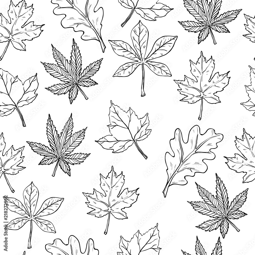 Sketch with autumn leaves. Seamless pattern. Vector illustration. Black and white Sketch with autumn leaves. Seamless pattern. Vector illustration. Black and white