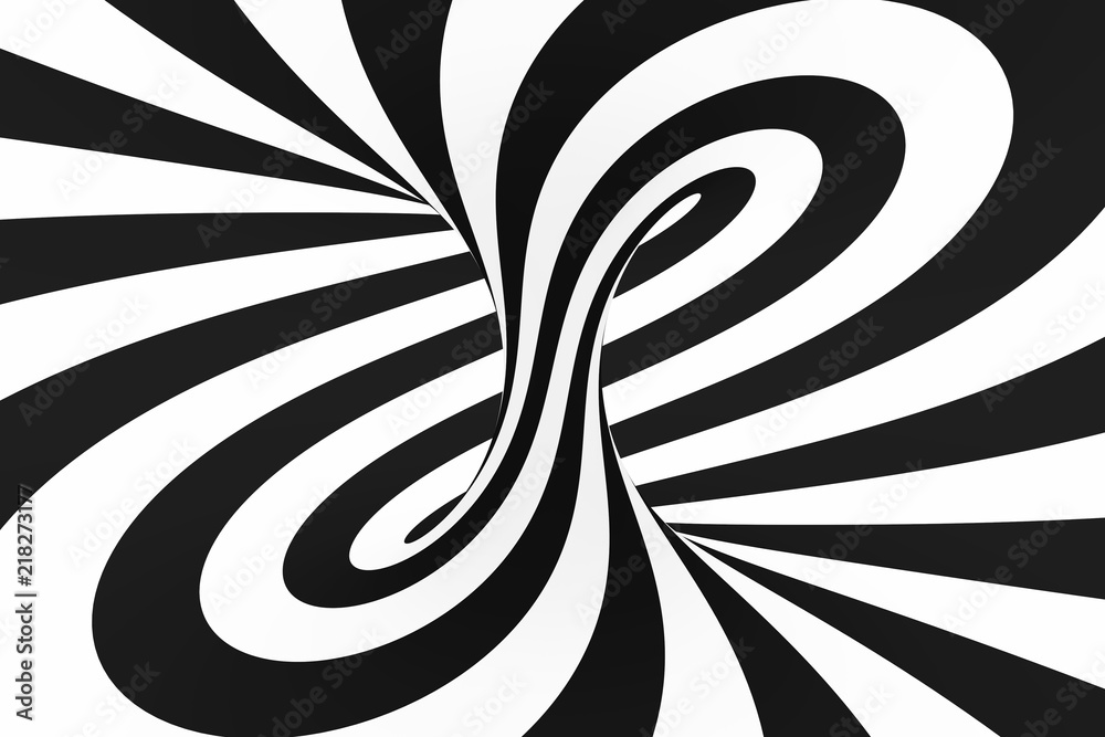 Fototapeta premium Tunel spiralny czarno-biały. Paski skręcone hipnotyczne złudzenie optyczne. Abstrakcyjne tło.