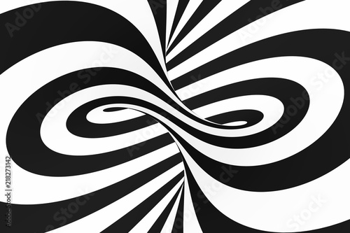 Black and white spiral tunnel. Striped twisted hypnotic optical illusion. Abstract background.