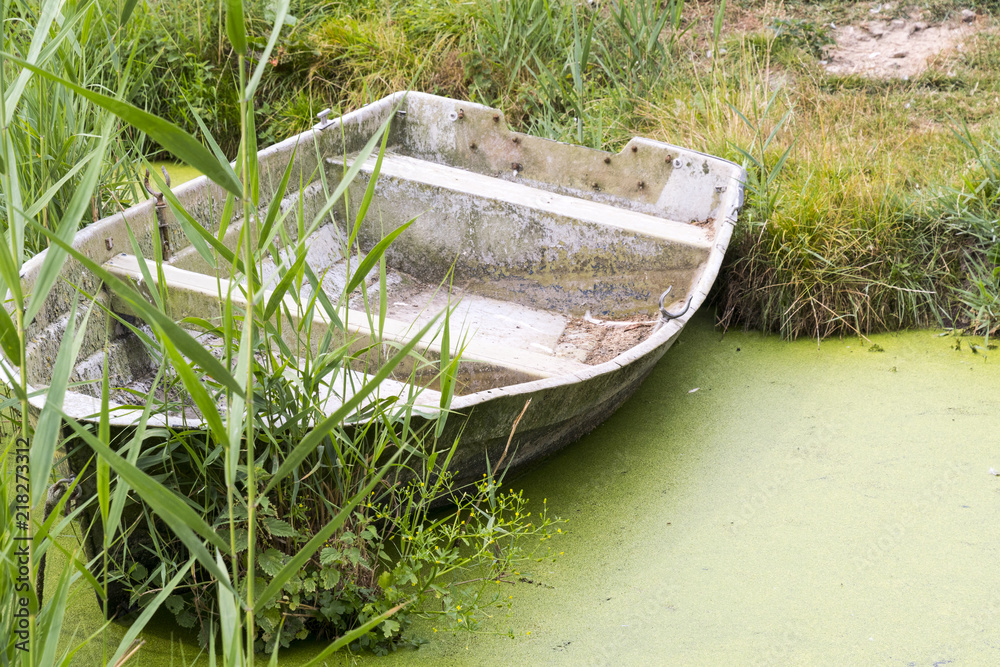 altes verlassenes Holzboot in einem Tümpel mit grünen Algen