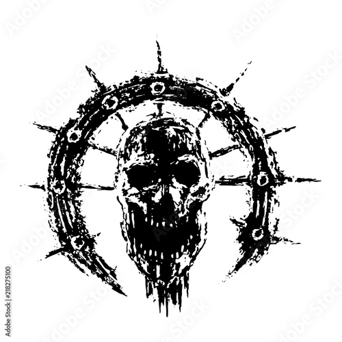 Scary zombie skull in ring with spikes. Vector illustration.
