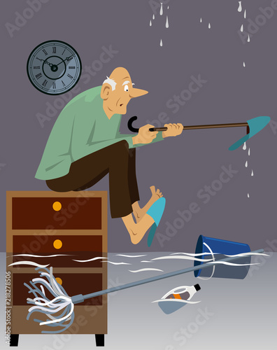 Elderly man sitting in a flooded house with a leaky roof, EPS 8 vector illustration