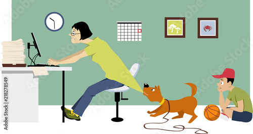 Overworking single mother trying to keep working at home on Saturday while her son waiting for her to go for a walk, EPS 8 vector illustration