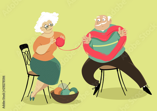 A senior couple untangling a skein of yarn in a shape of heart, EPS 8 vector illustration