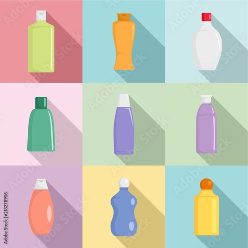 Packing bottle icons set. Flat set of 9 packing bottle vector icons for web isolated on white background