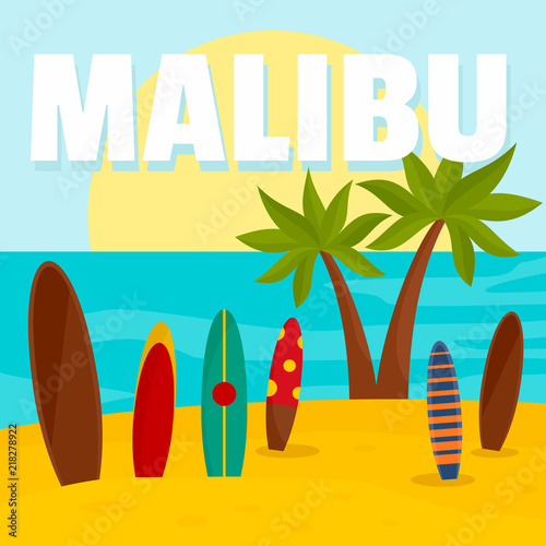 Malibu surf board beach background. Flat illustration of malibu surf board beach vector background for web design