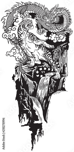 Eastern dragon versus tiger . Two spiritual creatures in the Buddhism representing the spirit heaven and matter earth. Black and white tattoo style vector illustration