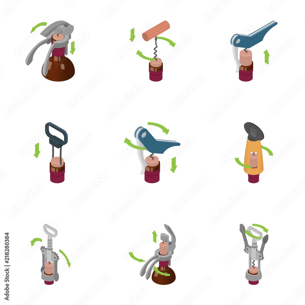 Corkscrew icons set. Isometric set of 9 corkscrew vector icons for web isolated on white background Corkscrew icons set. Isometric set of 9 corkscrew vector icons for web isolated on white background