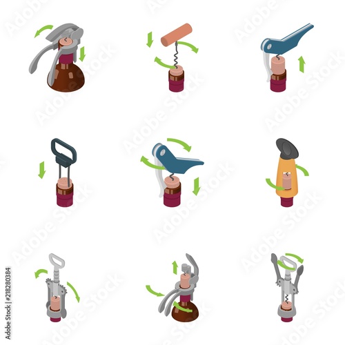 Corkscrew icons set. Isometric set of 9 corkscrew vector icons for web isolated on white background