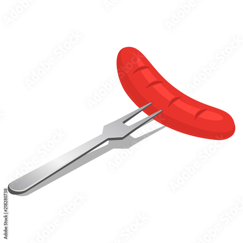 Fresh sausage on fork icon. Isometric of fresh sausage on fork vector icon for web design isolated on white background