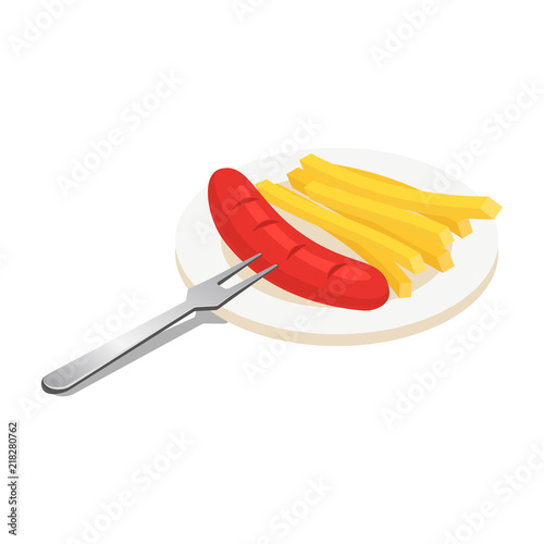 Sausage and fried potato icon. Isometric of sausage and fried potato vector icon for web design isolated on white background