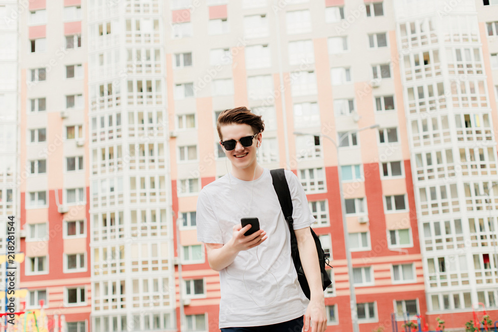 Happy student with phone outdoor Happy student with phone outdoor