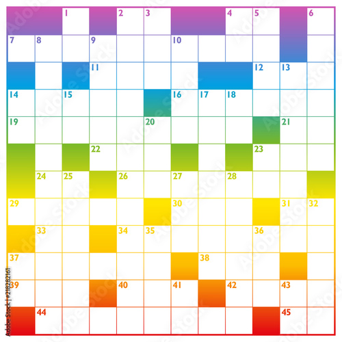 Crossword with rainbow gradient color pattern and empty boxes to be labeled with a clear message, brief heading or explicit information in keywords - square format template.