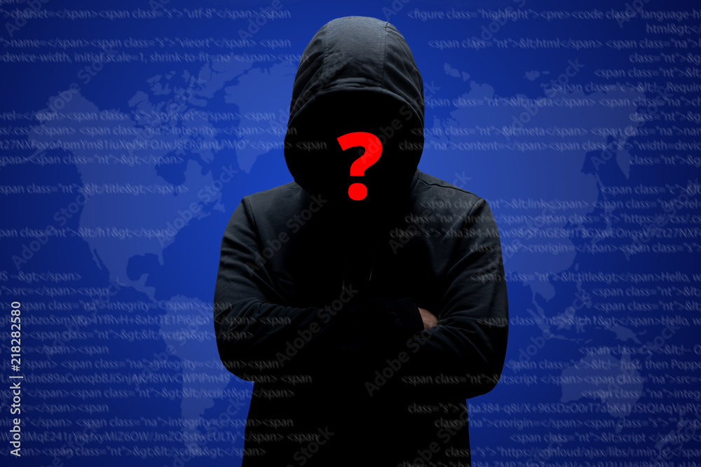 Mysterious unknown hacker in black clothing with hoodie stands crossed hands against dark digital interface background with red question mark on face. Cybersecurity and computer hacking concept foto d...
