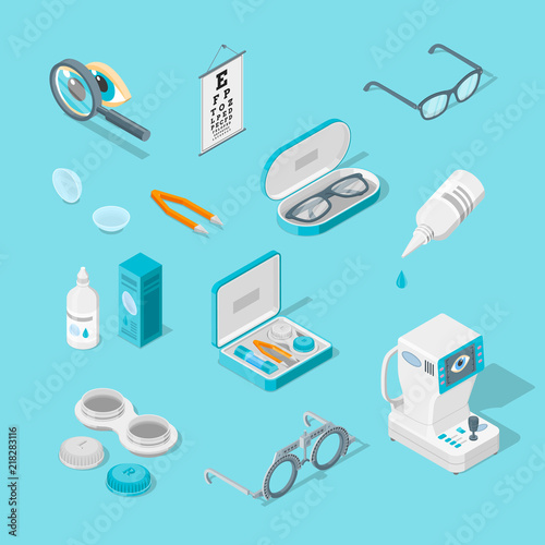 Eye care and health, vector 3d isometric icons set. Contact lenses, glasses, ophthalmology equipment illustration.