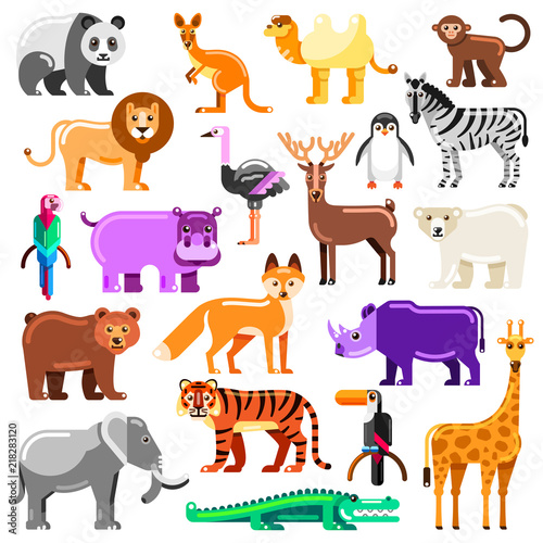 Zoo animals set. Vector flat illustration. Cute colorful characters isolated on white background