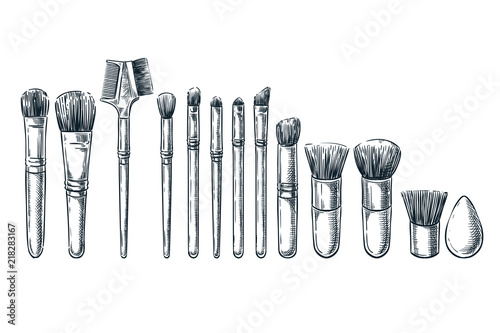 Makeup brushes vector sketch illustration. Female cosmetics design elements. Hand drawn isolated beauty tools