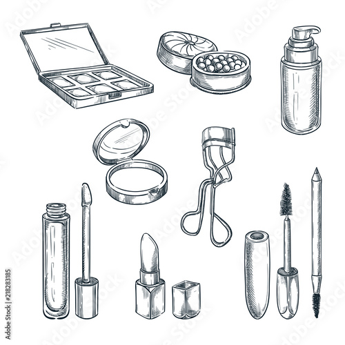 Makeup cosmetics vector sketch illustration. Female fashion design elements. Hand drawn beauty and care products.