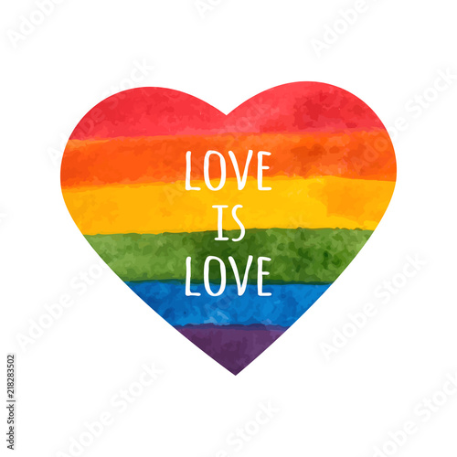 Rainbow heart. Love is love - pride slogan. LGBT heart. Hand painted rainbow. Tolerance day card. Vector illustration