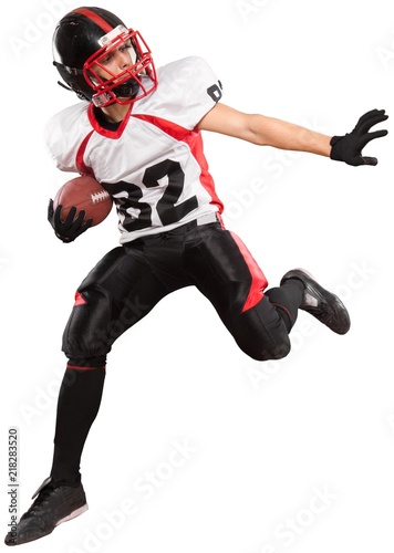 American football player with the ball isolated on a white