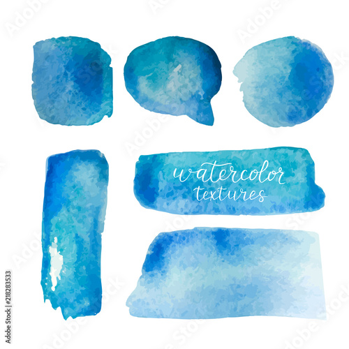 Watercolor backgrounds set. Collection of blue watercolor textures with brush strokes. Watercolor stains isolated on white background. Vector illustration