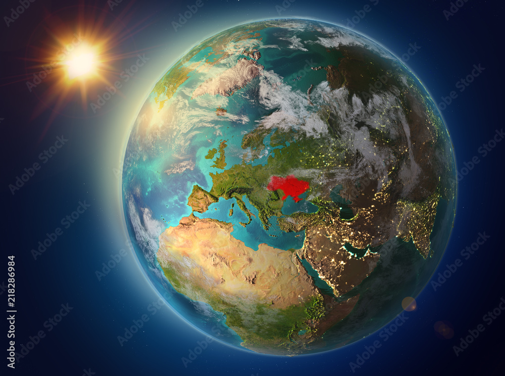 Fototapeta premium Ukraine with sunset on Earth