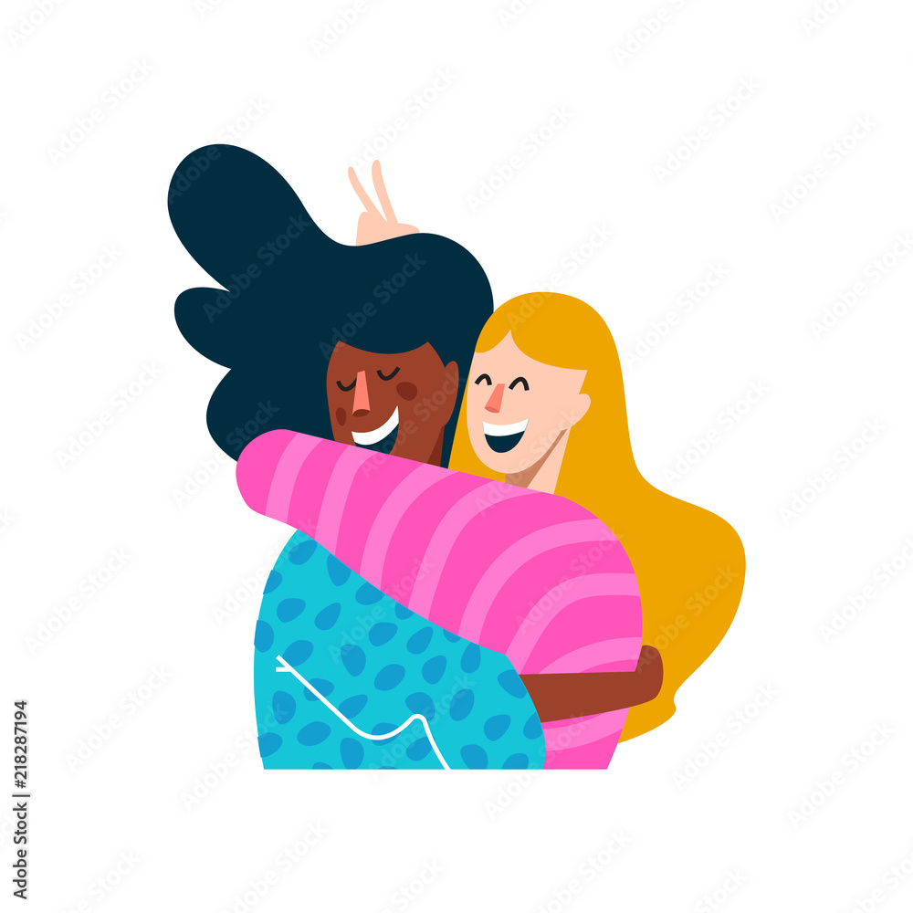 Happy friend girls hugging on isolated background Happy friend girls hugging on isolated background
