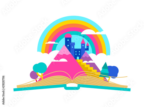 Open book with magic fairy tale castle concept