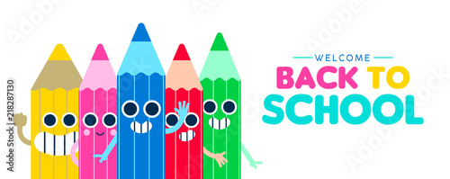 Back to school happy pencil cartoon web banner