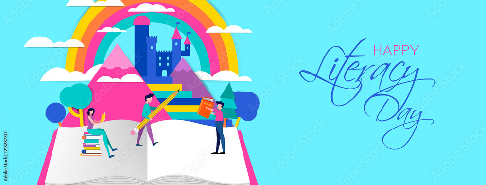 Obraz premium Literacy Day web banner of people reading books
