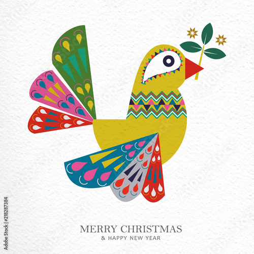Christmas and New Year folk art bird greeting card