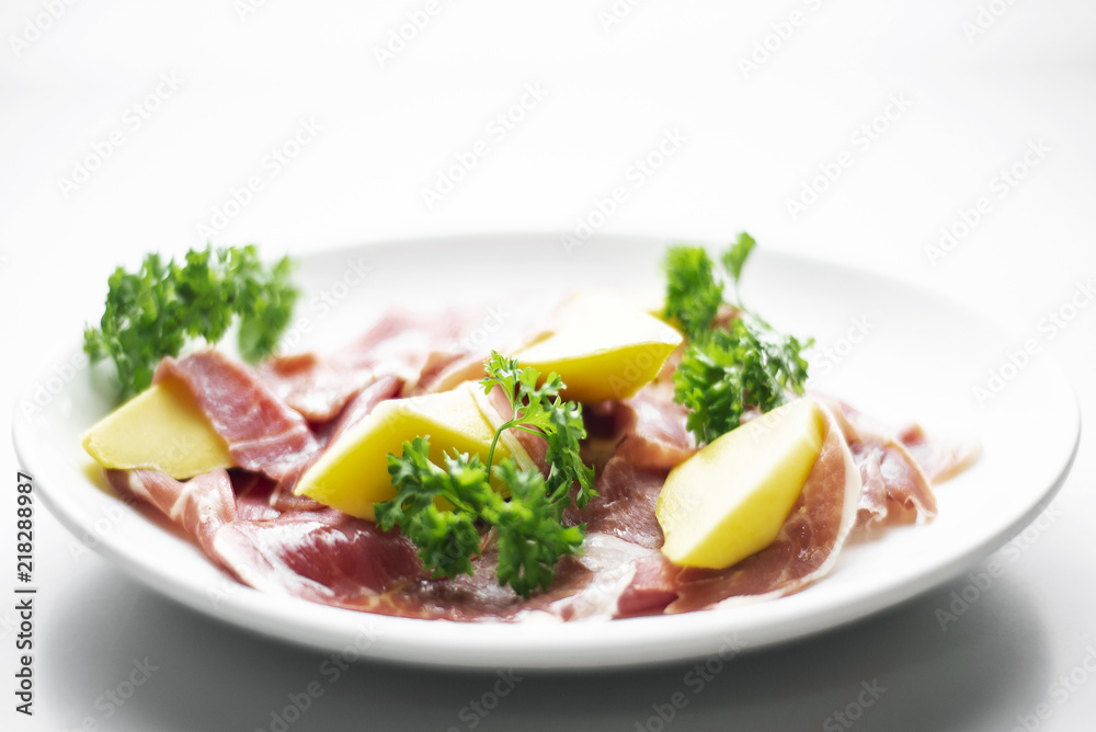 jamon serrano parma prosciutto style smoked ham with mango fruit jamon serrano parma prosciutto style smoked ham with mango fruit