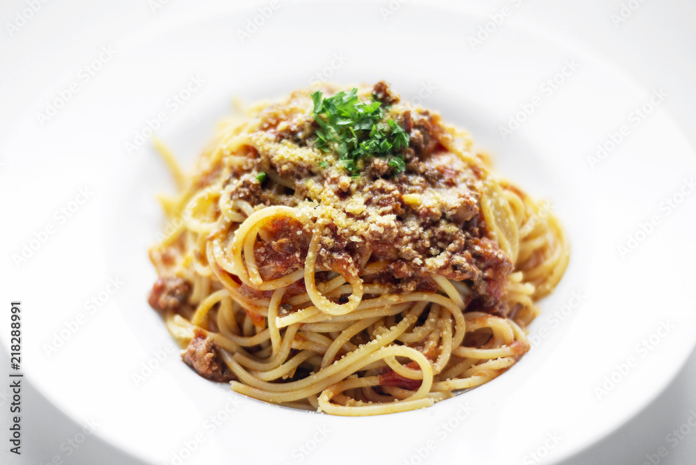 spaghetti pasta bolognaise with beef and tomato parmesan sauce