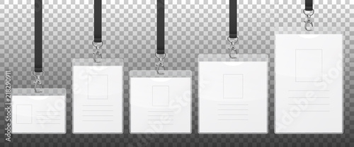 Vector realistic 3d empty graphic Id Card on carbine with lanyard set closeup isolated on transparency grid background. Design template for mockup