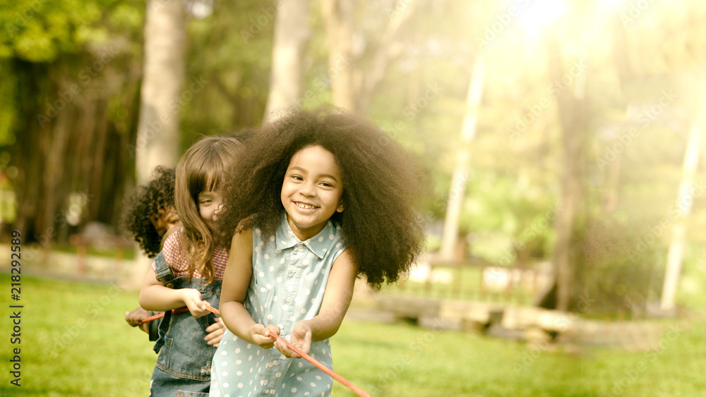 Group Of Mixed race Children playing tug of war at the park .Team and Teamwork ,success ,helps , business concept. Group Of Mixed race Children playing tug of war at the park .Team and Teamwork ,success ,helps , business concept.