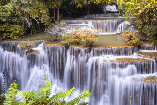  Huai  Mae Khamin Waterfall    Kanchanaburi  Thailand is popular with waterfall tourists . 