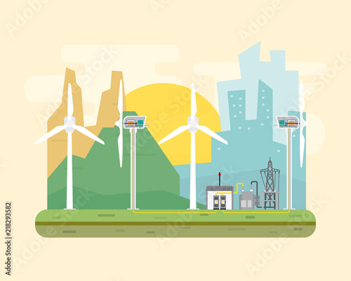 wind turbine farm, wind turbine power plant with horizontal axis turbine generate the electric