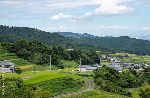 Landscape of countryside green rice fields Toon city Ehime Shikoku Japan