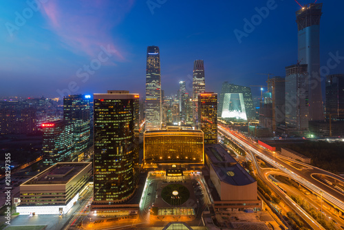 Beijing cityscape at dusk. Landscape of Beijing business building in China. Modern high building in business district area at night.